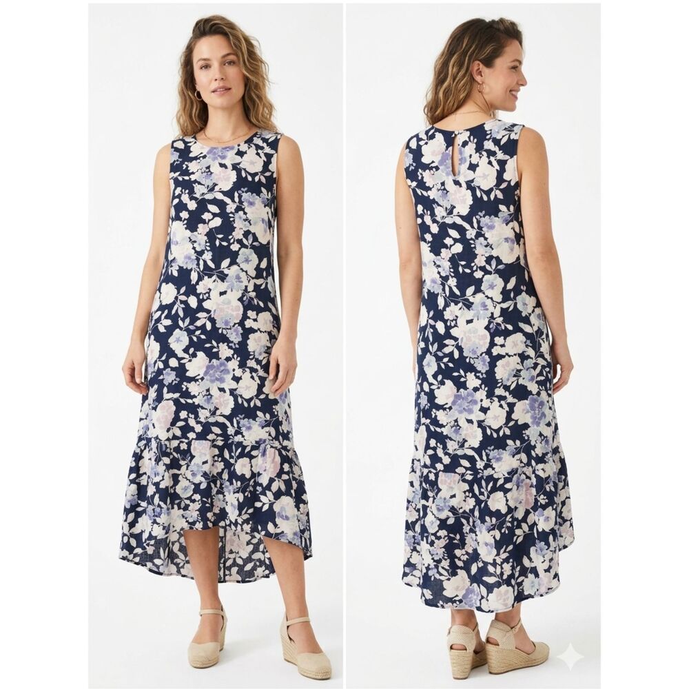 J. Jill Maxi Dress Women's Sz M Navy A-Line Floral Sleeveless Peplum Hem Casual
